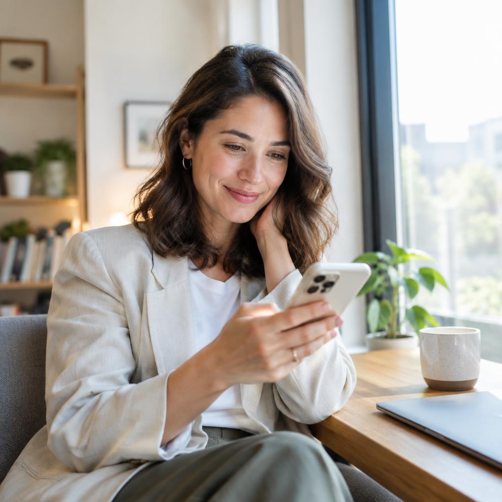 Woman smiling while checking email on her phone in the morning