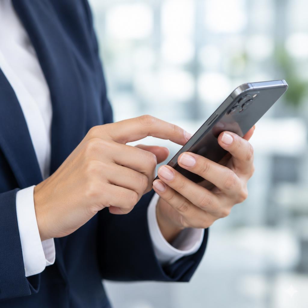 Hands in a navy business suit holding a smartphone