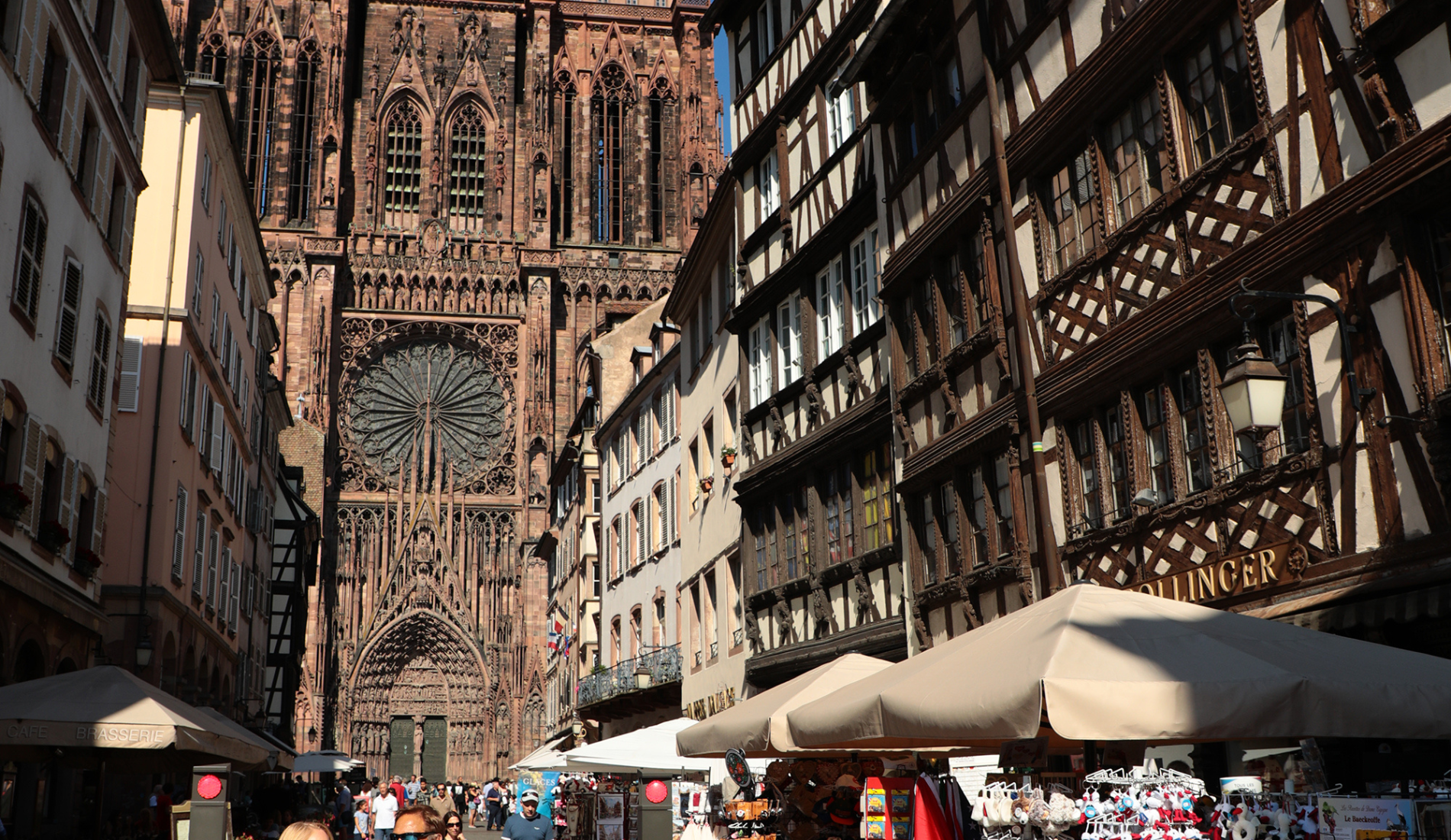 Strasbourg cathedral rising above half-timbered houses