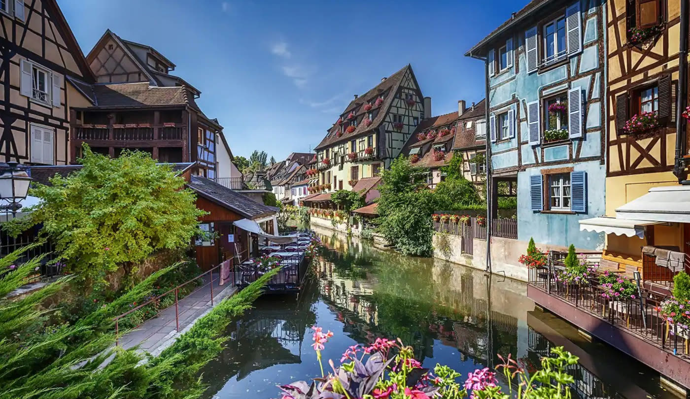 Half-timbered houses along a canal in Colmar, France