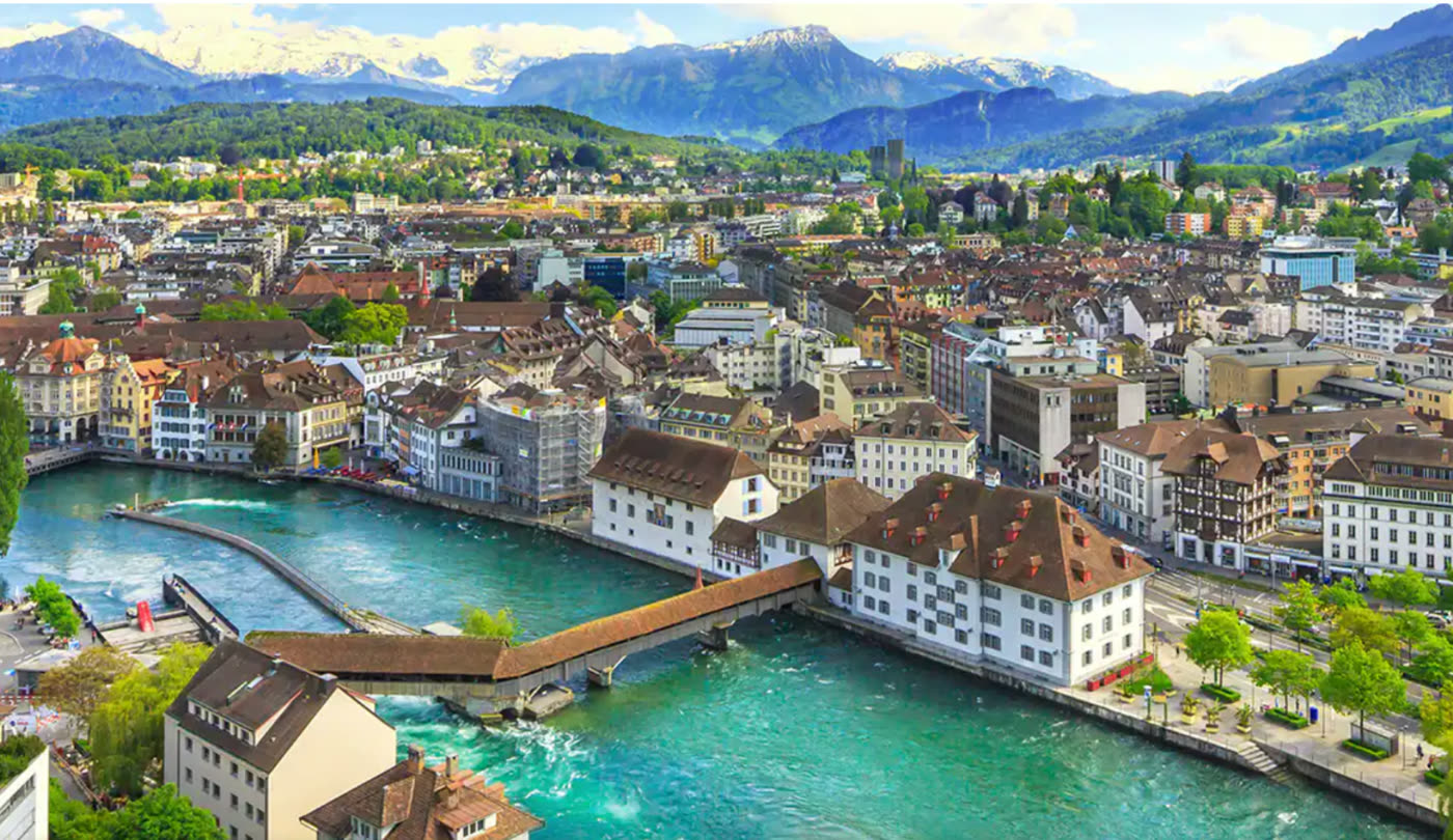 Aerial view of Lucerne, Switzerland and its turquoise river